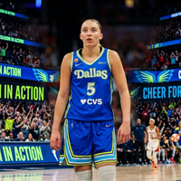 Paige Bueckers wearing the Dallas Wings Rebel Edition blue jersey with neon lime accents, bold number 5 detailing, and modern WNBA game-day styling.
