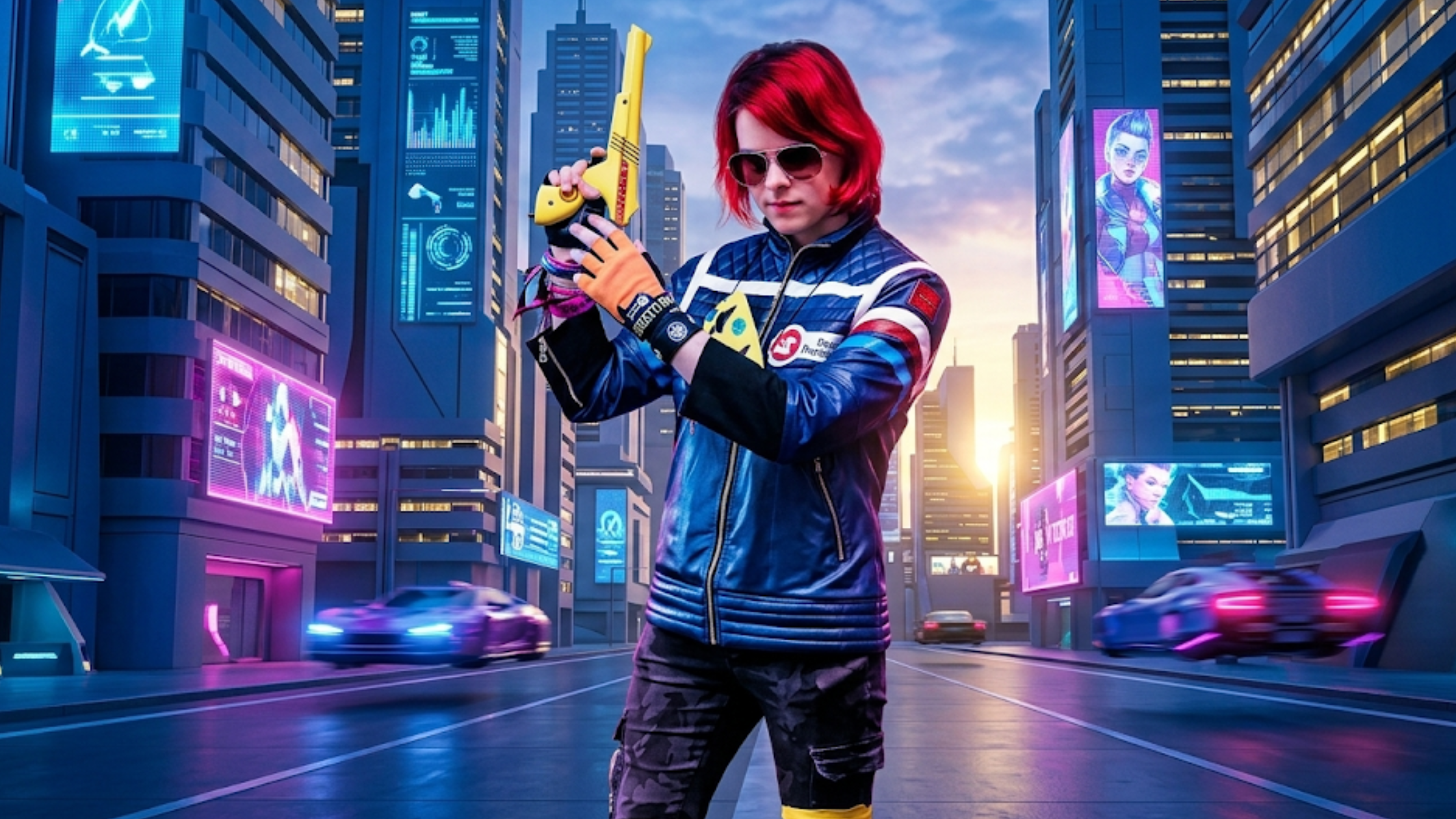Party Poison My Chemical Romance blue leather jacket with white red turquoise stripes and Dead Pegasus logo patch