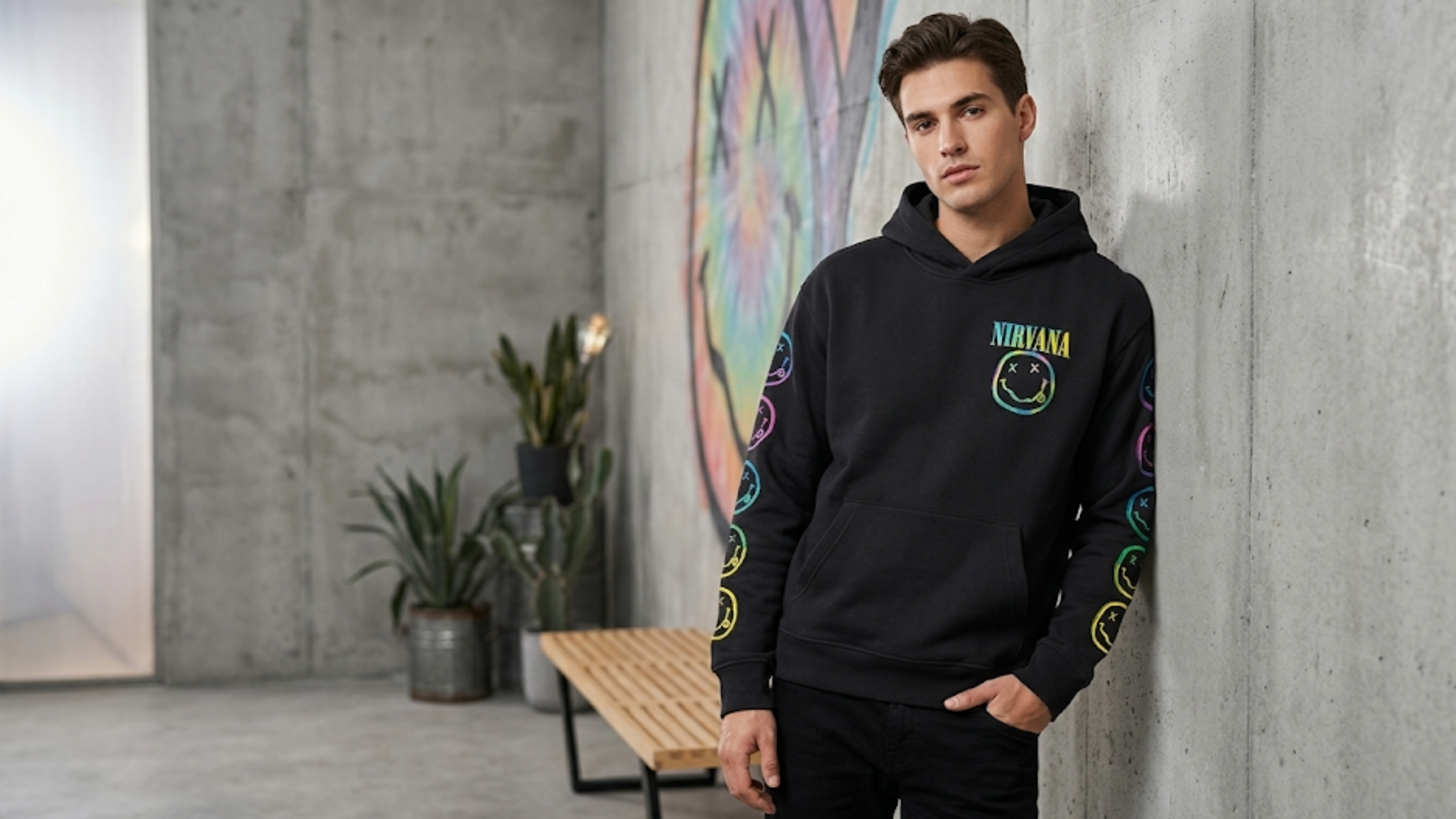 Nirvana graphic popover hoodie in washed black with multicolor smiley face chest logo and rainbow sleeve prints, oversized streetwear pullover design