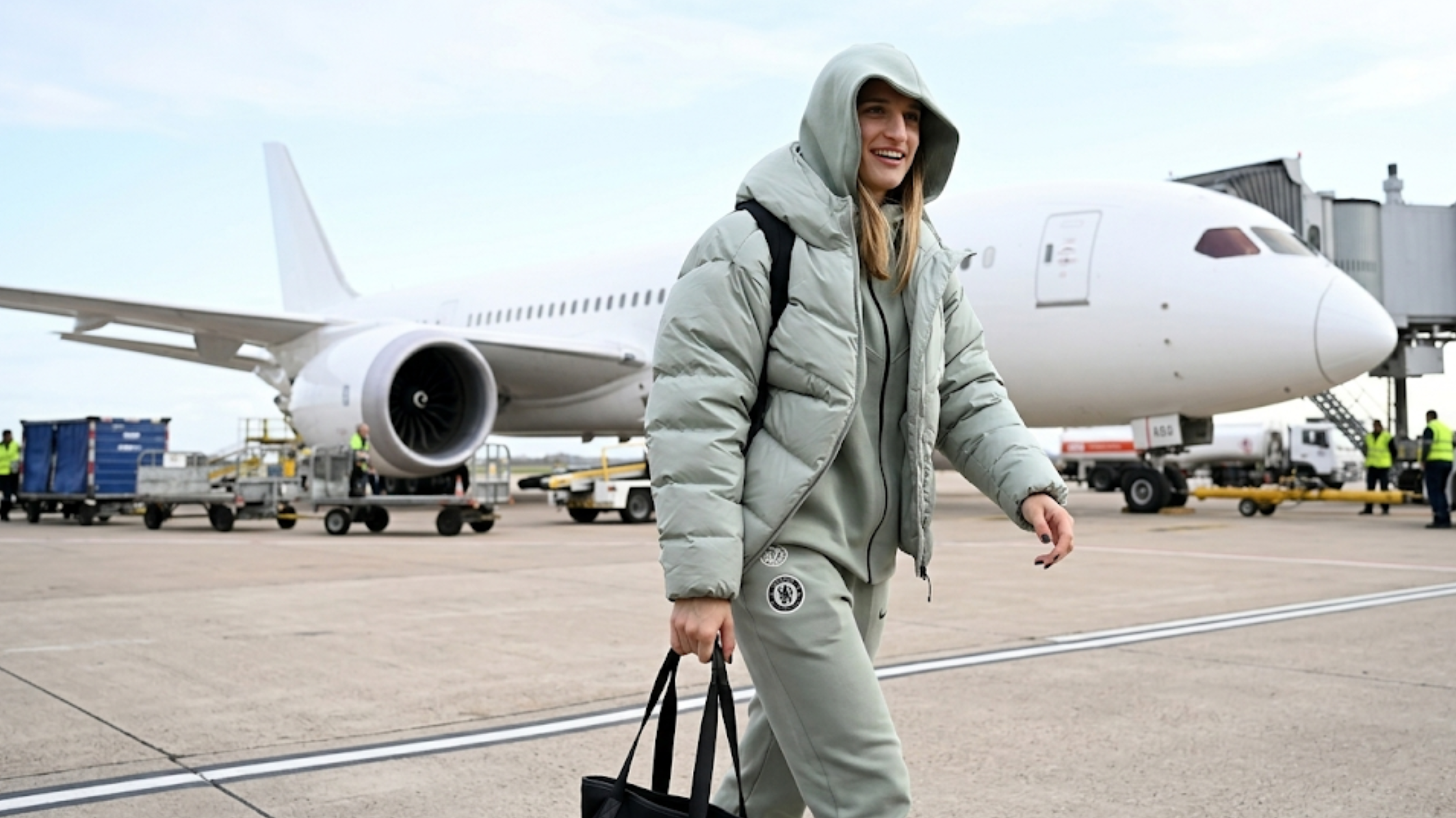 Nathalie Björn Chelsea FC Women oversized sage green quilted puffer jacket with hood and storm flap winter sportswear design