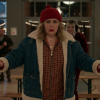 Mae Whitman Twelve Dates Til Christmas Kate Tucker blue denim sherpa trim jacket with faux-sherpa lining