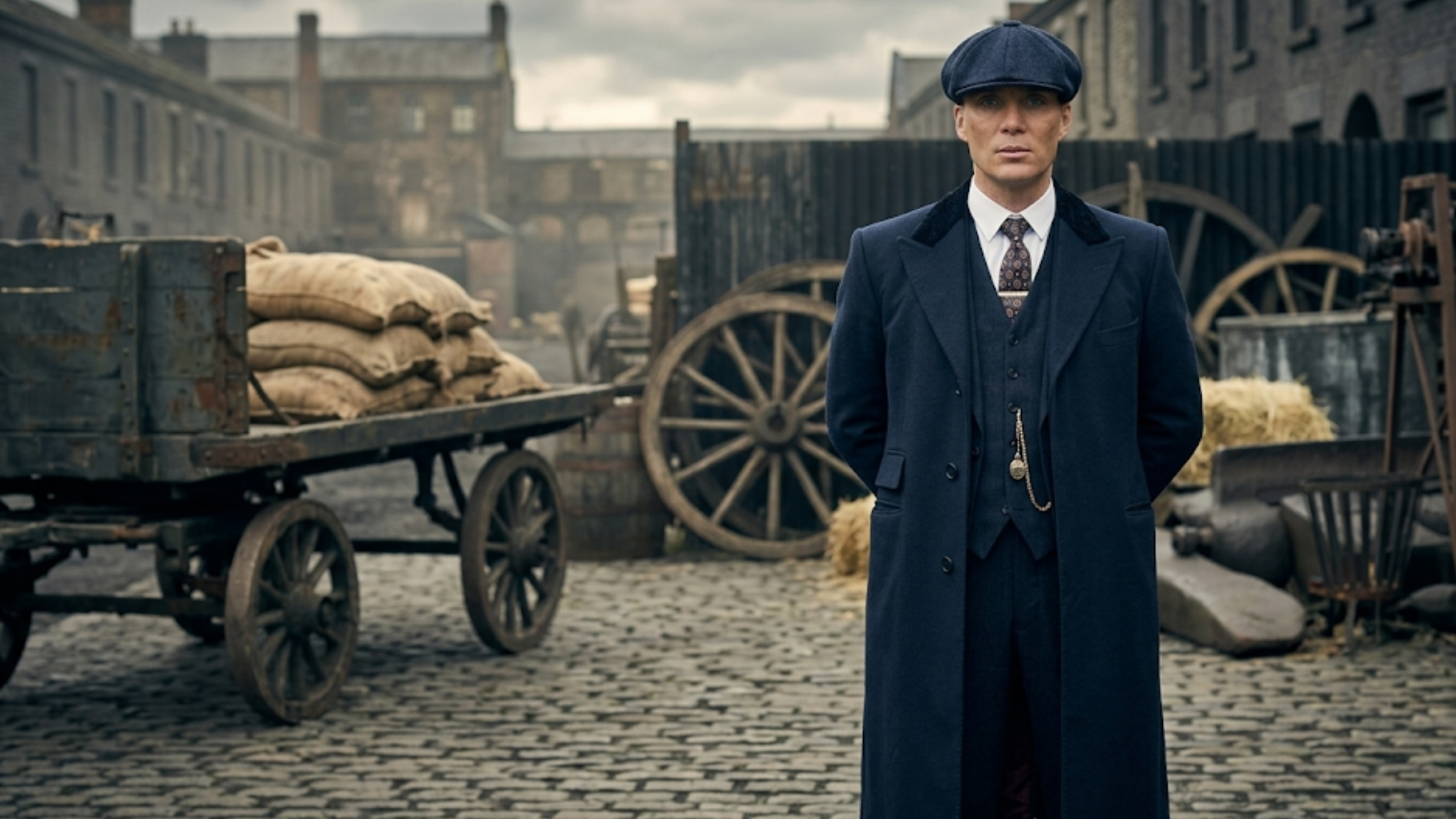 Peaky Blinders Tommy Shelby navy blue wool coat with velvet collar, long vintage silhouette, and classic tailored overcoat design