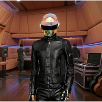 Daft Punk Electroma Black Biker Leather Jacket with Button Collar