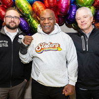 Mike Tyson Home Rainbow Sliders Arc Graphic Heather Grey Hoodie styled in bold streetwear fashion with rainbow accents and retro logo design