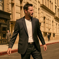 Keanu Reeves wearing a black slim-fit tailored blazer styled with a white T-shirt and trousers for a smart casual minimal menswear look