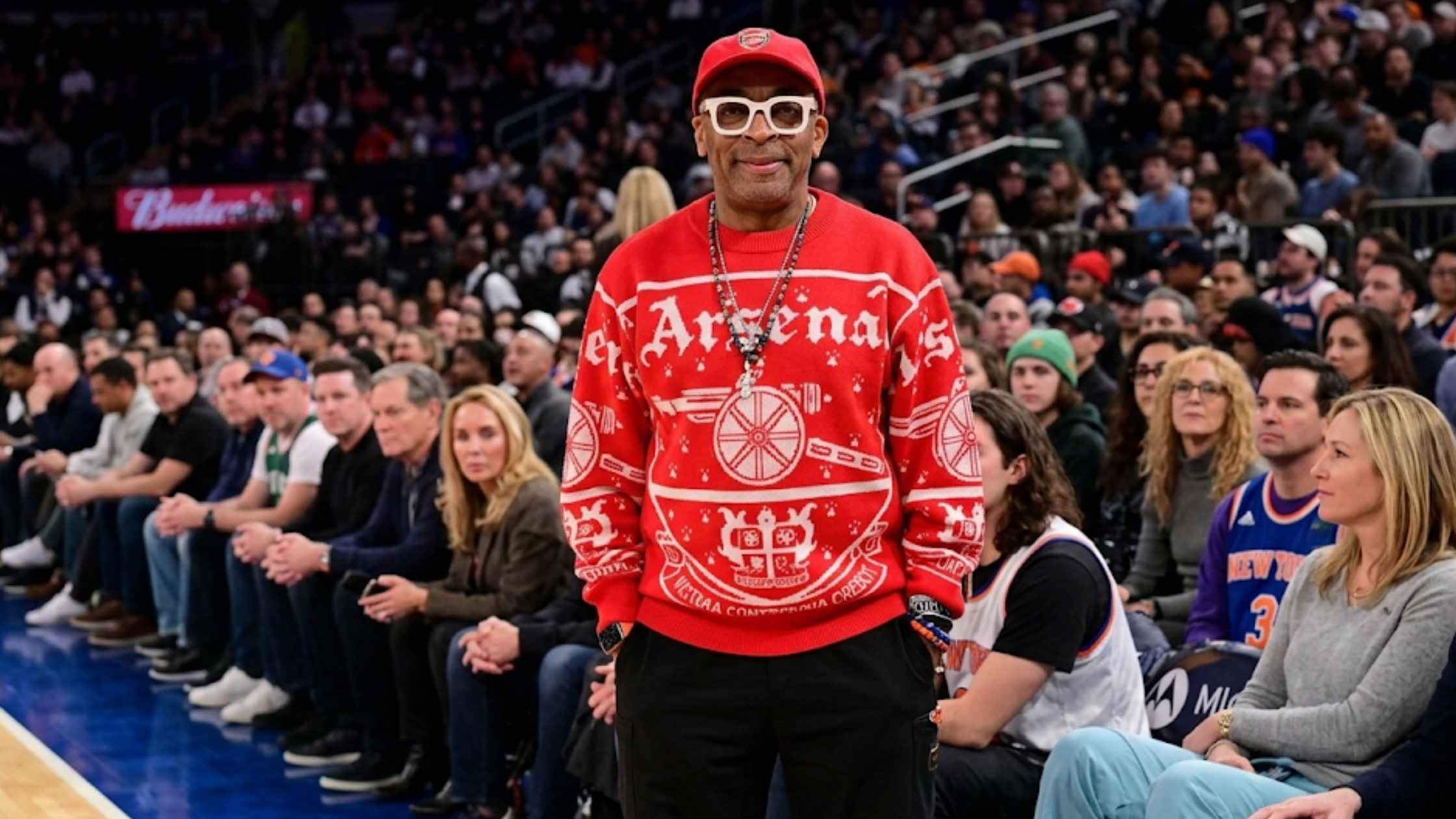 Spike Lee MSG NYC red Arsenal bandana print sweatshirt styled as courtside streetwear fashion essential