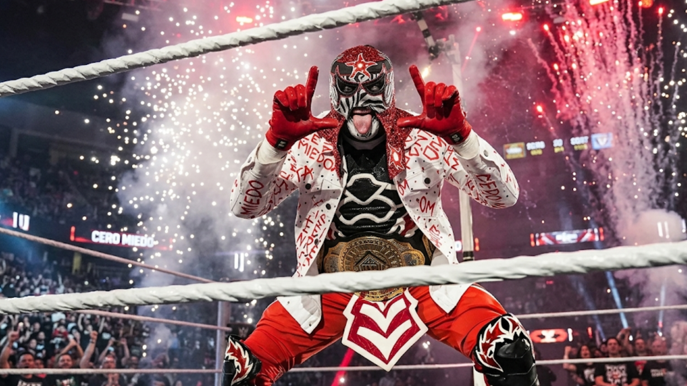 Penta Monday Night RAW 2026 white oversized denim trucker jacket with red graffiti lucha libre print wrestling-inspired streetwear