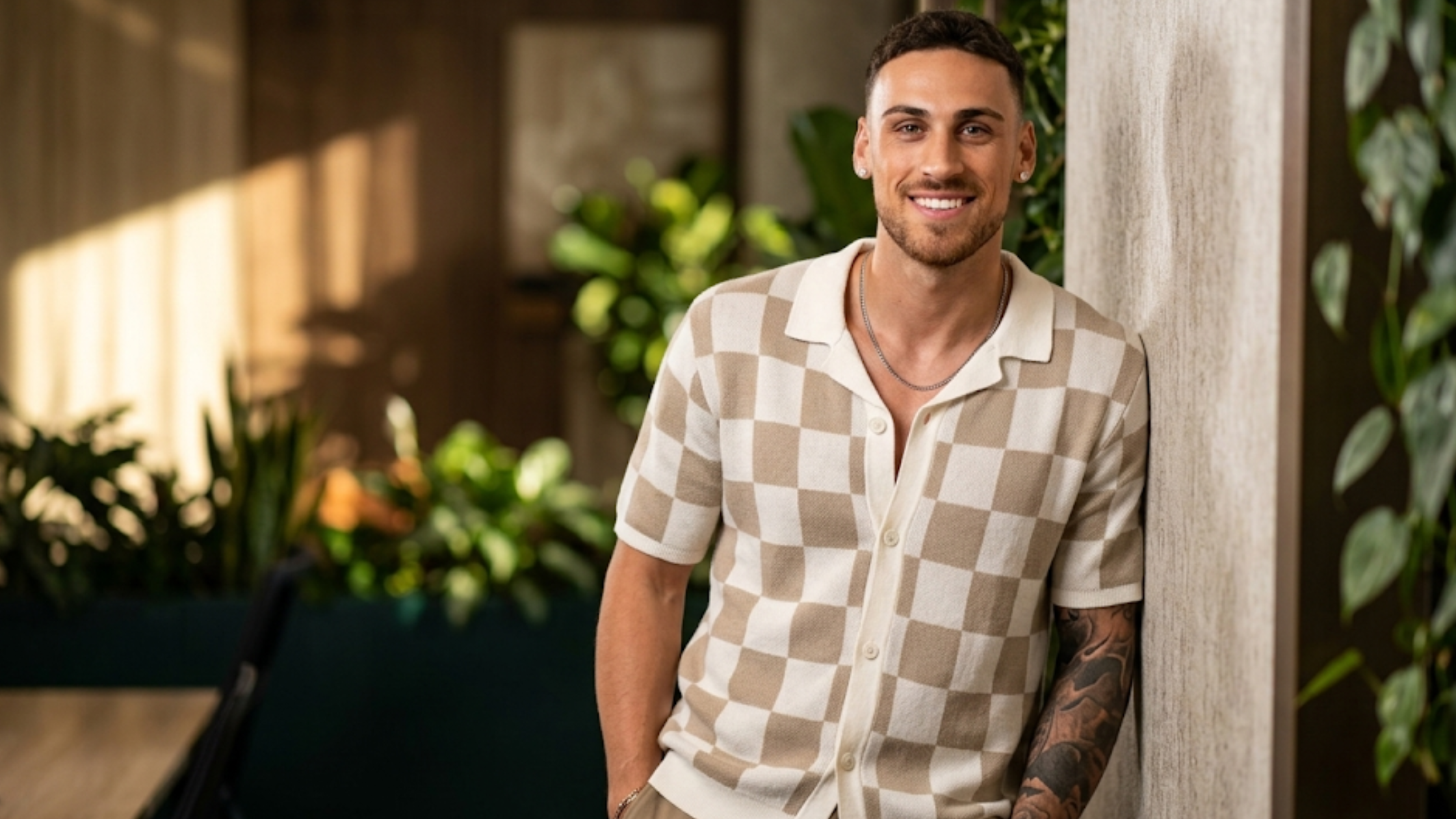 Love Island UK S12 Ben Holbrough beige check short sleeve camp collar shirt with textured checkerboard knit design