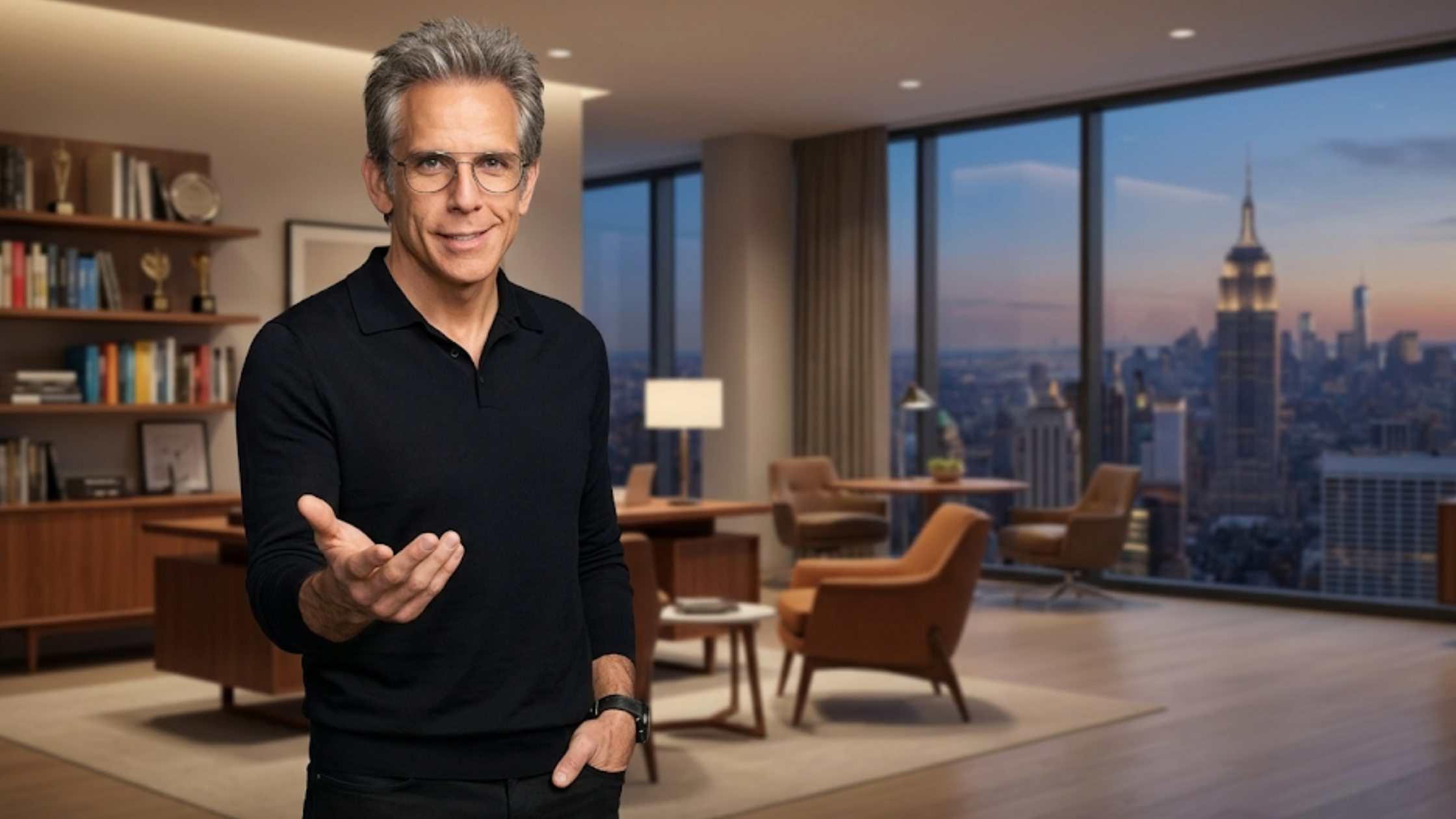 Ben Stiller 92NY black long sleeve polo shirt with classic fold collar and three-button placket celebrity-inspired smart casual style