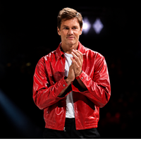 Tom Brady Phoenix Mercury vs Las Vegas Aces red leather jacket with silver zipper and ribbed waist detailing