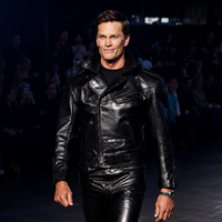 Tom Brady Gucci Cruise 2027 black asymmetrical leather biker jacket with gunmetal hardware