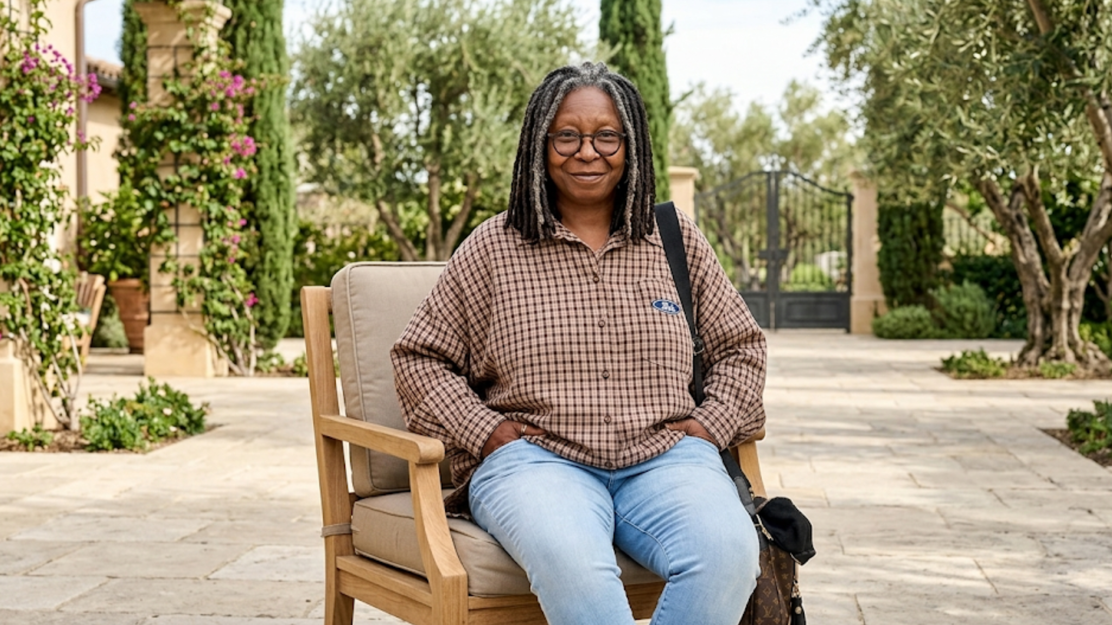 Whoopi Goldberg NYC 2026 oversized brown plaid check shirt longline shacket dark grid pattern streetwear outfit