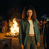 Euphoria Season 3 Zendaya Coleman multi stripe long sleeve oversized shirt with dark blue and teal vertical stripes
