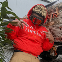 Marty Supreme Red Hooded Windbreaker Jacket with reflective piping and bold chest logo