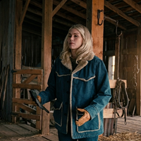 Ellyn Jameson Sherpa-Trim Denim Jacket featuring medium-wash western denim, cream sherpa fleece trim, oversized collar, and rustic ranch-core styling from Marshals Season 1.