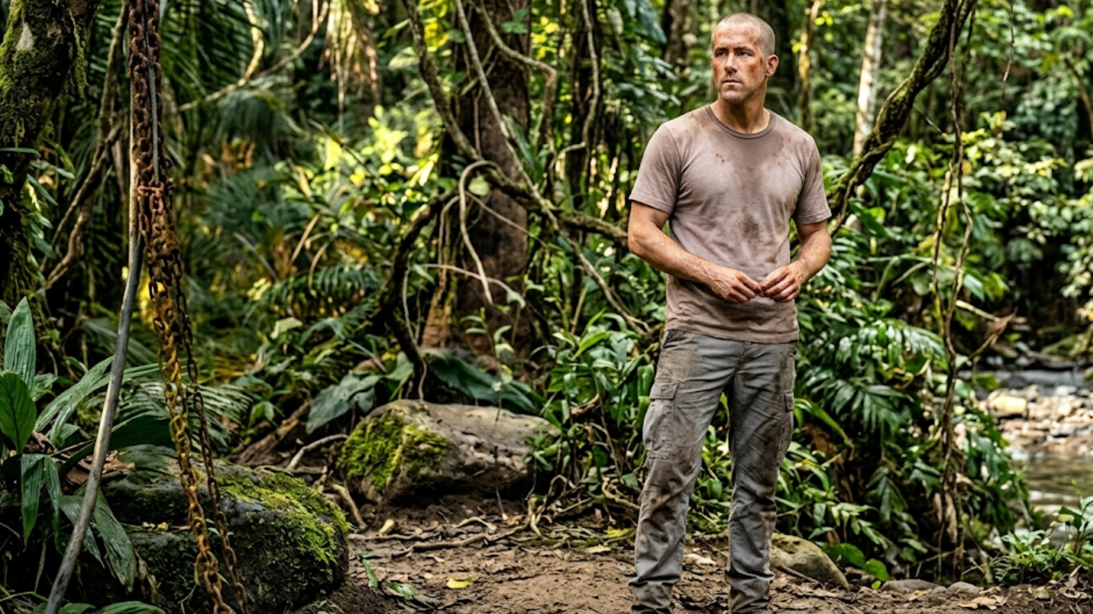 Apex 2026 Taron Egerton minimalist tactical taupe crew neck t-shirt earthy toned cinematic survival fashion style