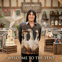Noel Fielding geese print shirt with oversized white goose motifs and orange accents from The Great Celebrity Bake Off