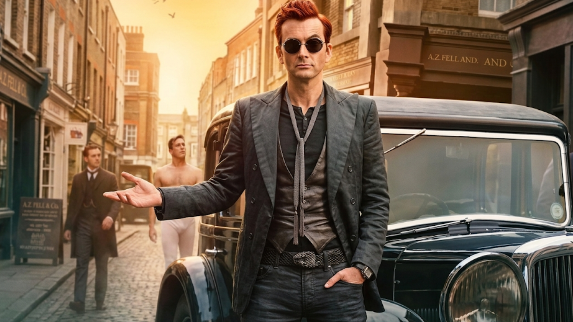 Good Omens S03 David Tennant black blazer double breasted gothic chic slim fit quilted texture Crowley inspired fashion outfit