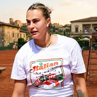 Aryna Sabalenka Internazionali BNL d’Italia 2026 white graphic crew neck T-shirt with Italian tricolore pop-art portrait design