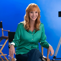 Lisa Kudrow The Comeback Season 3 emerald green silk satin graphic shirt with white contrast trim and Casablanca Athletic Club back print