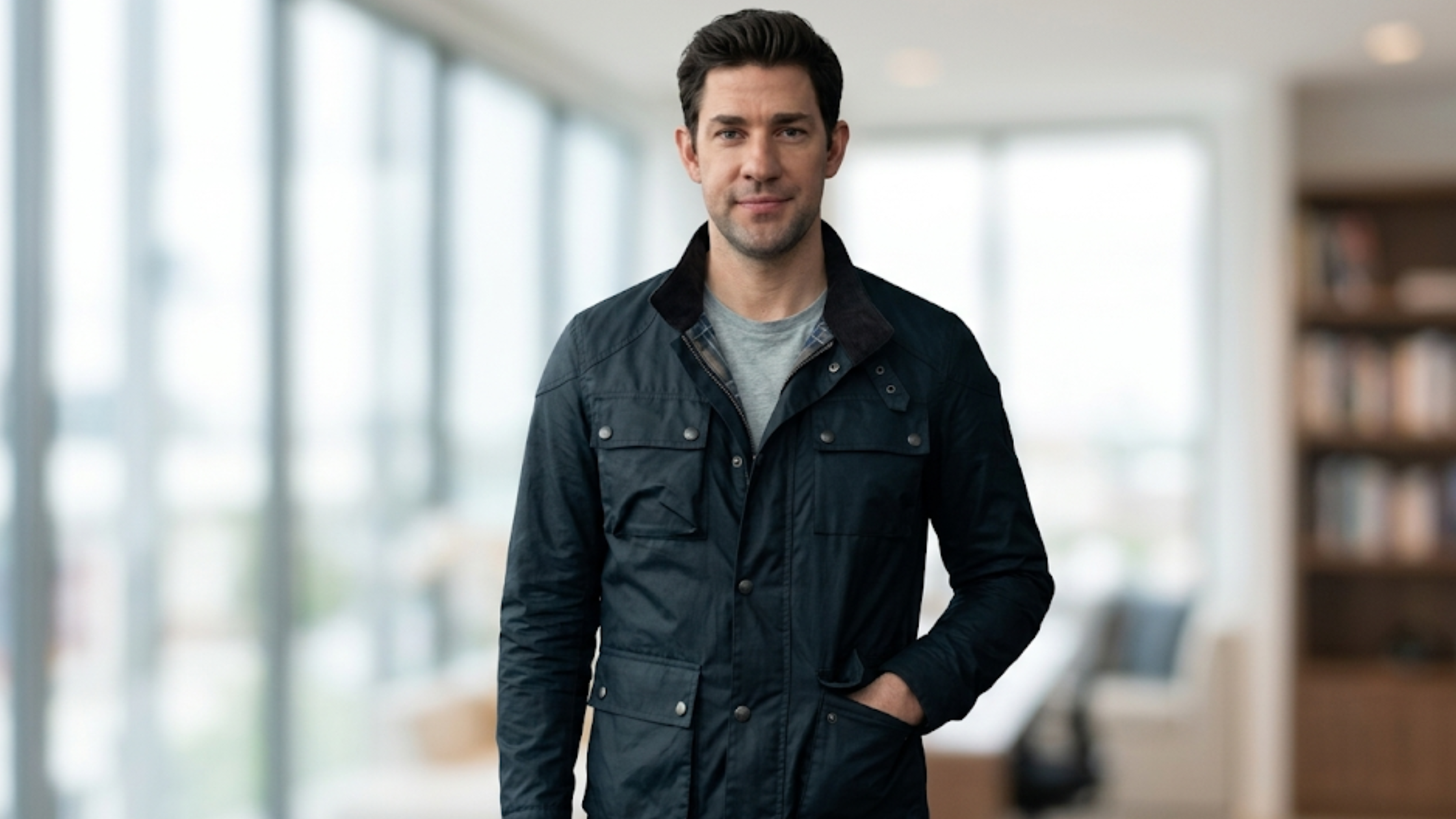 Jack Ryan Ghost War black tactical field jacket waxed cotton stand collar concealed zip Tom Clancy inspired John Krasinski outfit