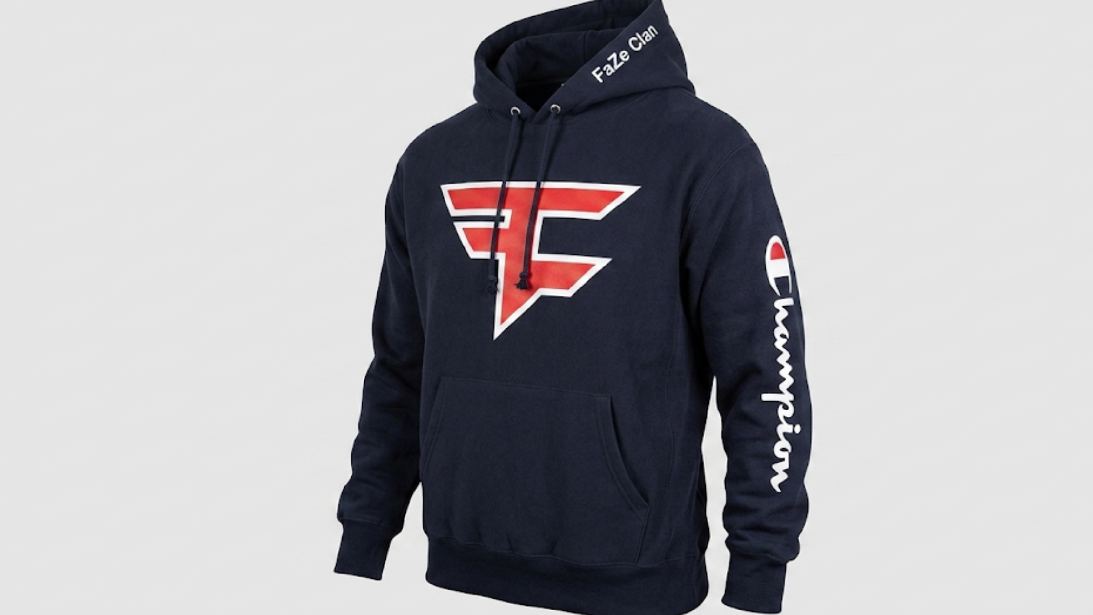 FaZe Clan x Champion navy blue hoodie esports streetwear oversized pullover drawstring hood kangaroo pocket Champion logo