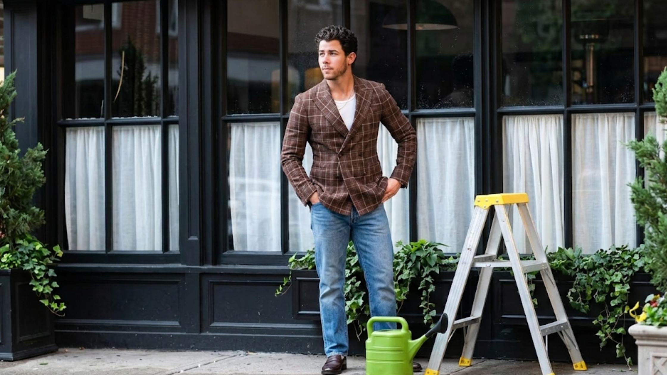 Nick Jonas Google Pixel 2025 chocolate brown double-breasted windowpane blazer wool blend structured peak lapels smart casual outfit NYC