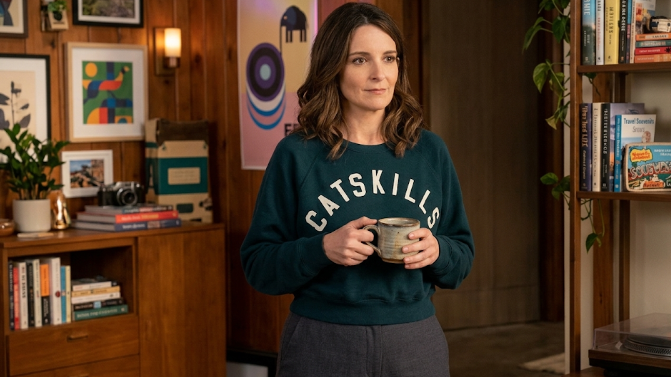 The Four Seasons Tina Fey Catskills sweatshirt green crew neck pullover with varsity CATSKILLS graphic and relaxed fit