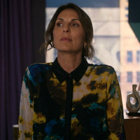 Leverage Redemption S03 Sophie Devereaux Yellow Printed Shirt with abstract multicolor pattern
