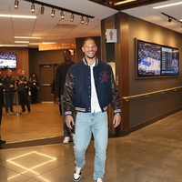 Josh Hart Cleveland Cavaliers vs New York Knicks Navy Blue and Brown Varsity Letterman Jacket with embroidered monogram and leather sleeves