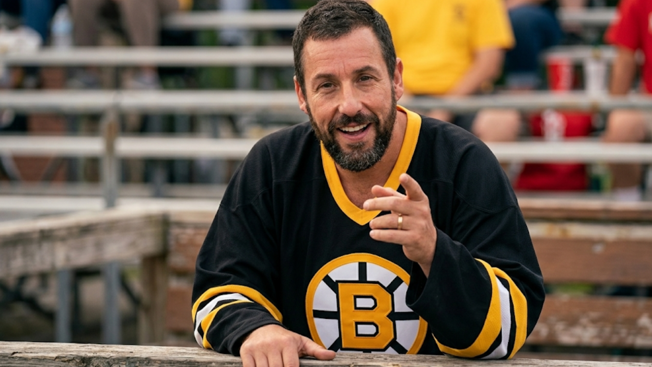 Adam Sandler Happy Gilmore 2 Boston Bruins black and yellow hockey jersey movie sports outfit NHL-inspired game day jersey
