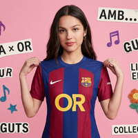 FC Barcelona x Olivia Rodrigo limited-edition blue and red El Clásico jersey featuring OR logo, club crest, and modern striped Blaugrana design inspired by music and football collaboration.