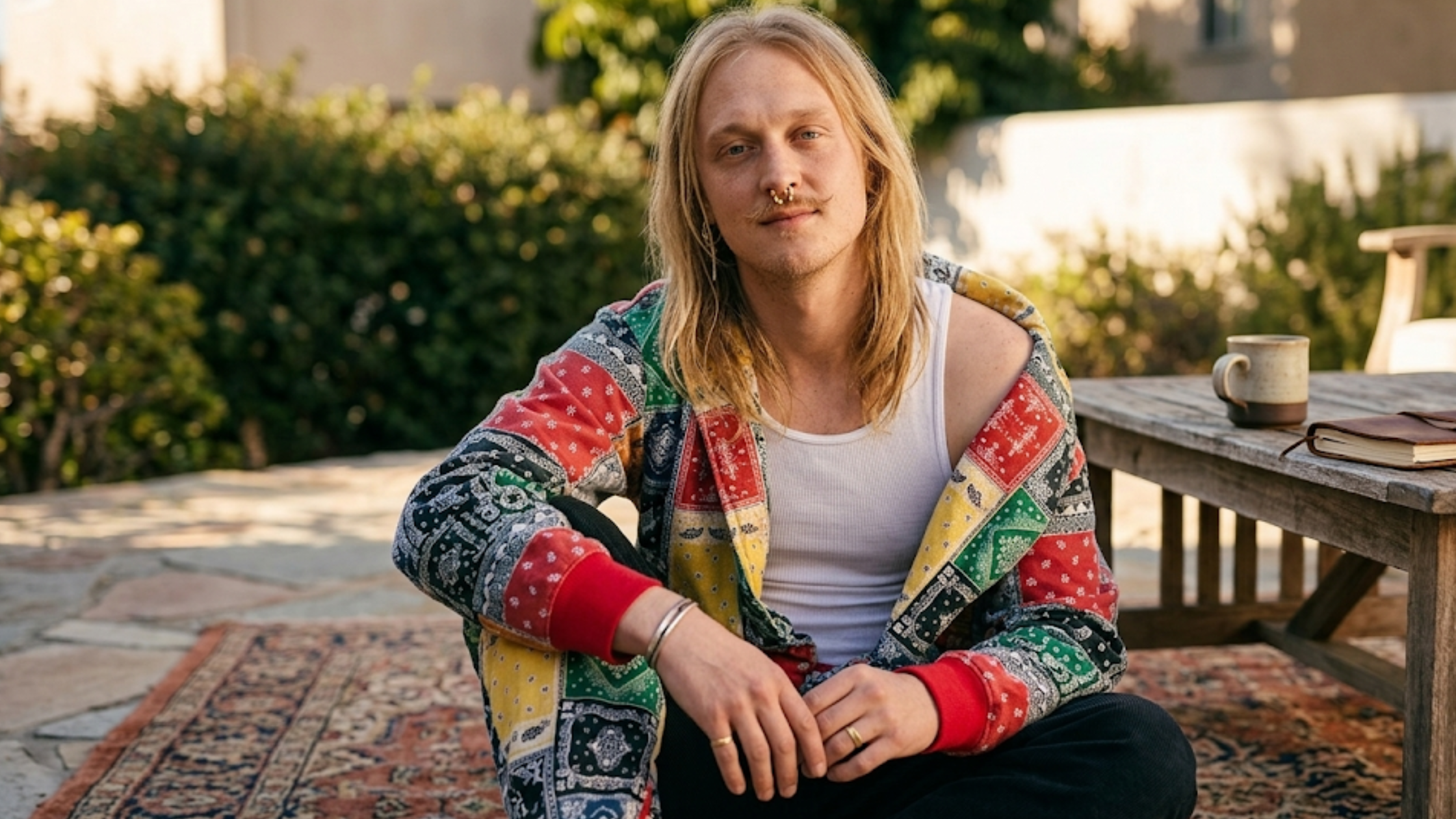 Euphoria Season 3 Daeg Faerch multi-color patchwork bandana hoodie with oversized fit, paisley print, and drop-shoulder design