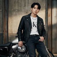 Jung Kook BTS CKJK Capsule Collection Black Leather Jacket with Chest Branding and Sharp Pointed Collar