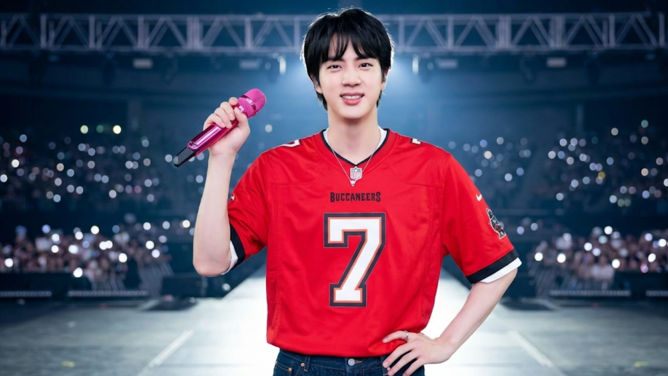 Jin Tampa Bay Buccaneers red oversized jersey with number 7, black trim V-neck collar, and bold Buccaneers chest graphic