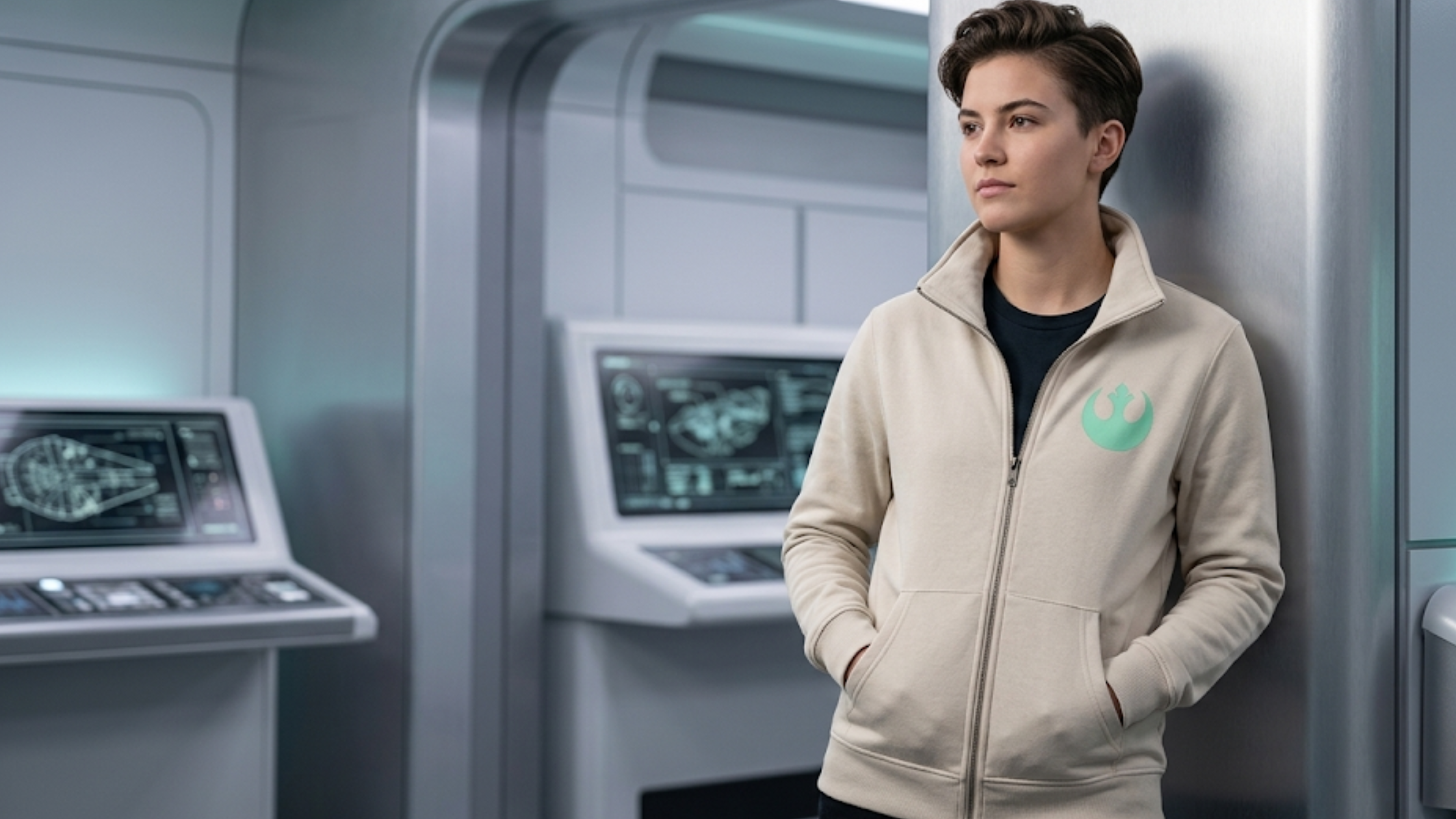 Star Wars The Mandalorian and Grogu beige zip-up hoodie with Rebel Alliance chest logo, Grogu meditation back graphic, and oversized fit