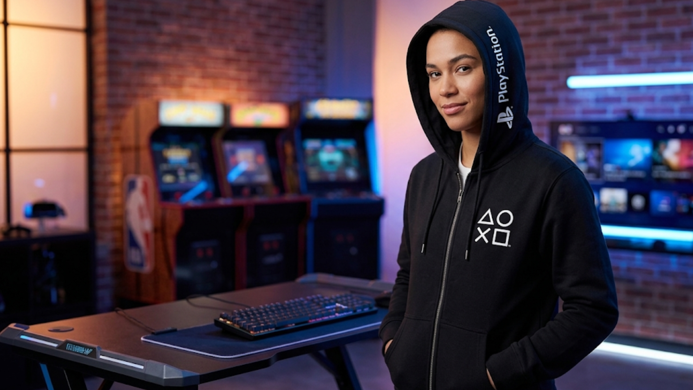 PlayStation black oversized zip hoodie with white PlayStation logo, controller button chest symbols, full-zip closure, and fleece fabric