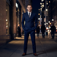 Tom Hiddleston New York City 2026 Double-Breasted Navy Blue Pinstripe Suit with Wide Peak Lapels