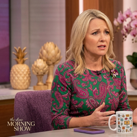 Sara Haines wearing a green brocade feather-trim top on The View April 29, 2025