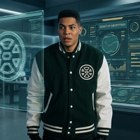 Benjamin Voisin Carême Black Varsity Jacket with Cream Leather Sleeves and Chest Patch Logo