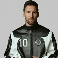 Kith & Messi Moto Leather Jacket in black and white with three-stripe forearm panels and signature Messi-inspired racing design