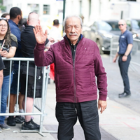 Edward James Olmos burgundy hybrid jacket at Office Romance premiere 2026