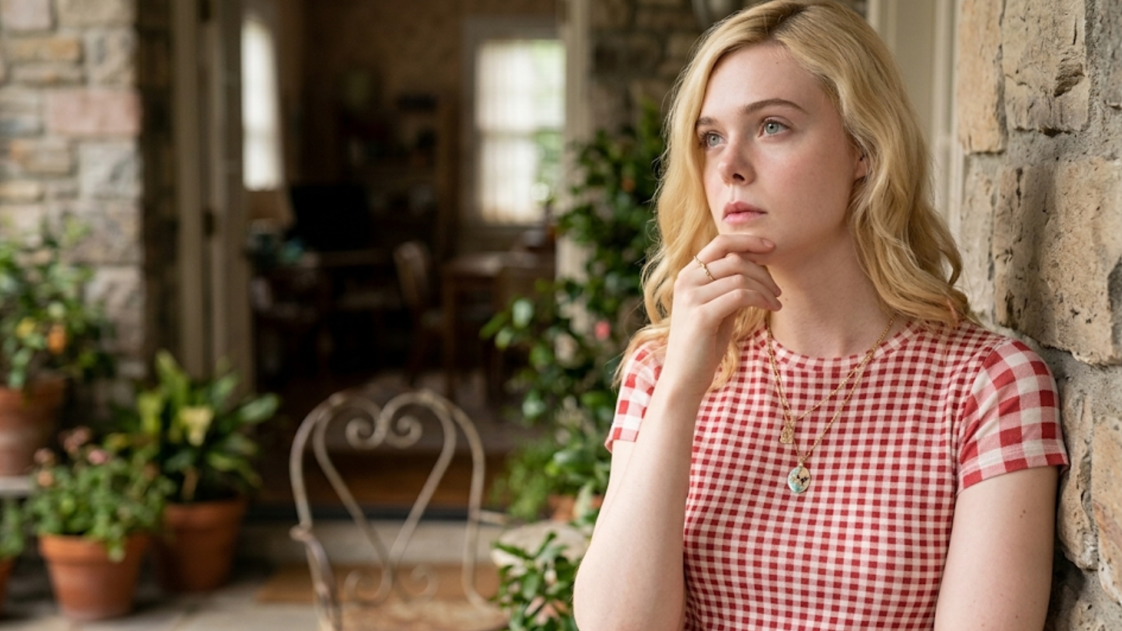 Elle Fanning Margo's Got Money Troubles 2026 red and white gingham slim fit cotton T-shirt