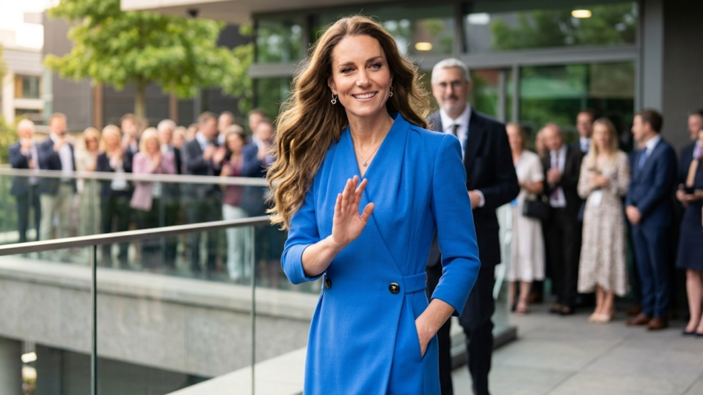 Catherine Princess of Wales Christie Cancer Care Hospital 2026 blue wrap trench coat dress