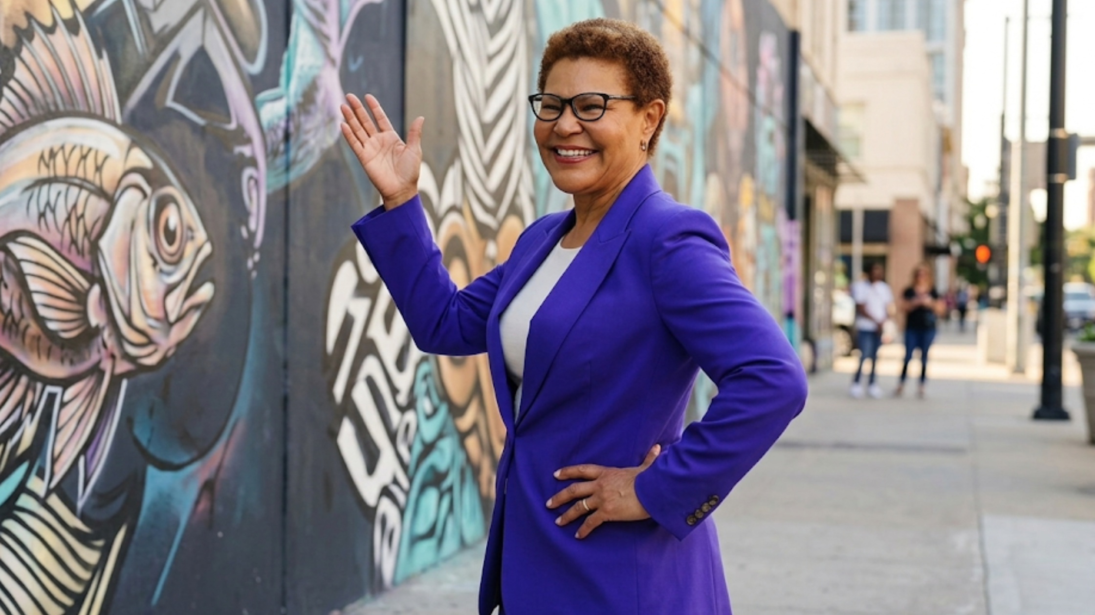 Karen Bass Los Angeles 2026 violet purple single-breasted wool blazer