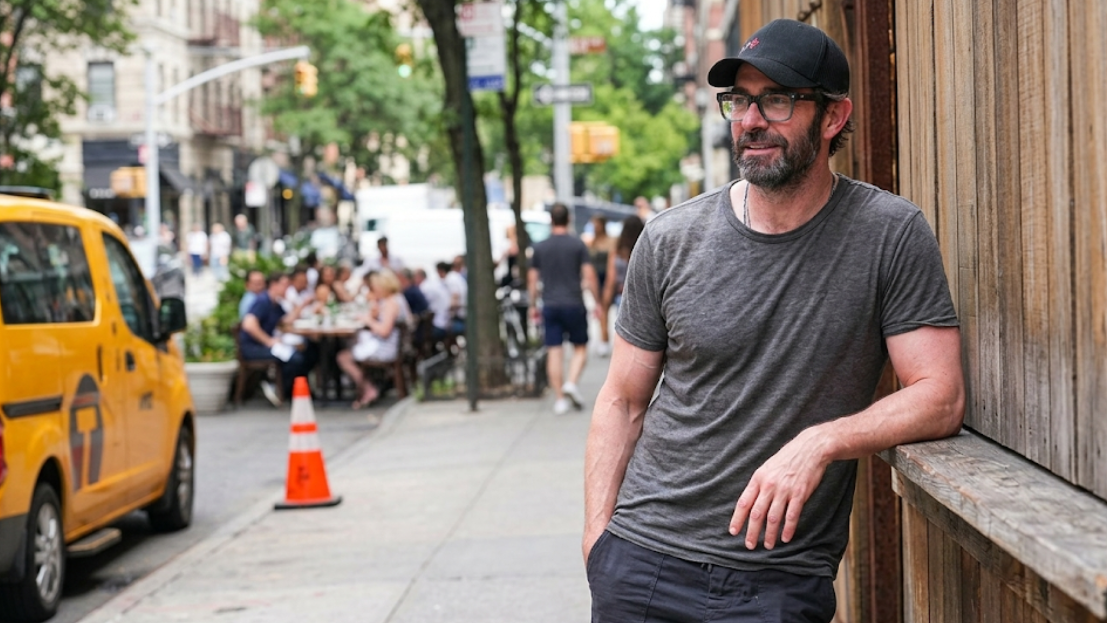 John Krasinski A Quiet Place III NYC 2026 charcoal grey crew neck T-shirt set scene