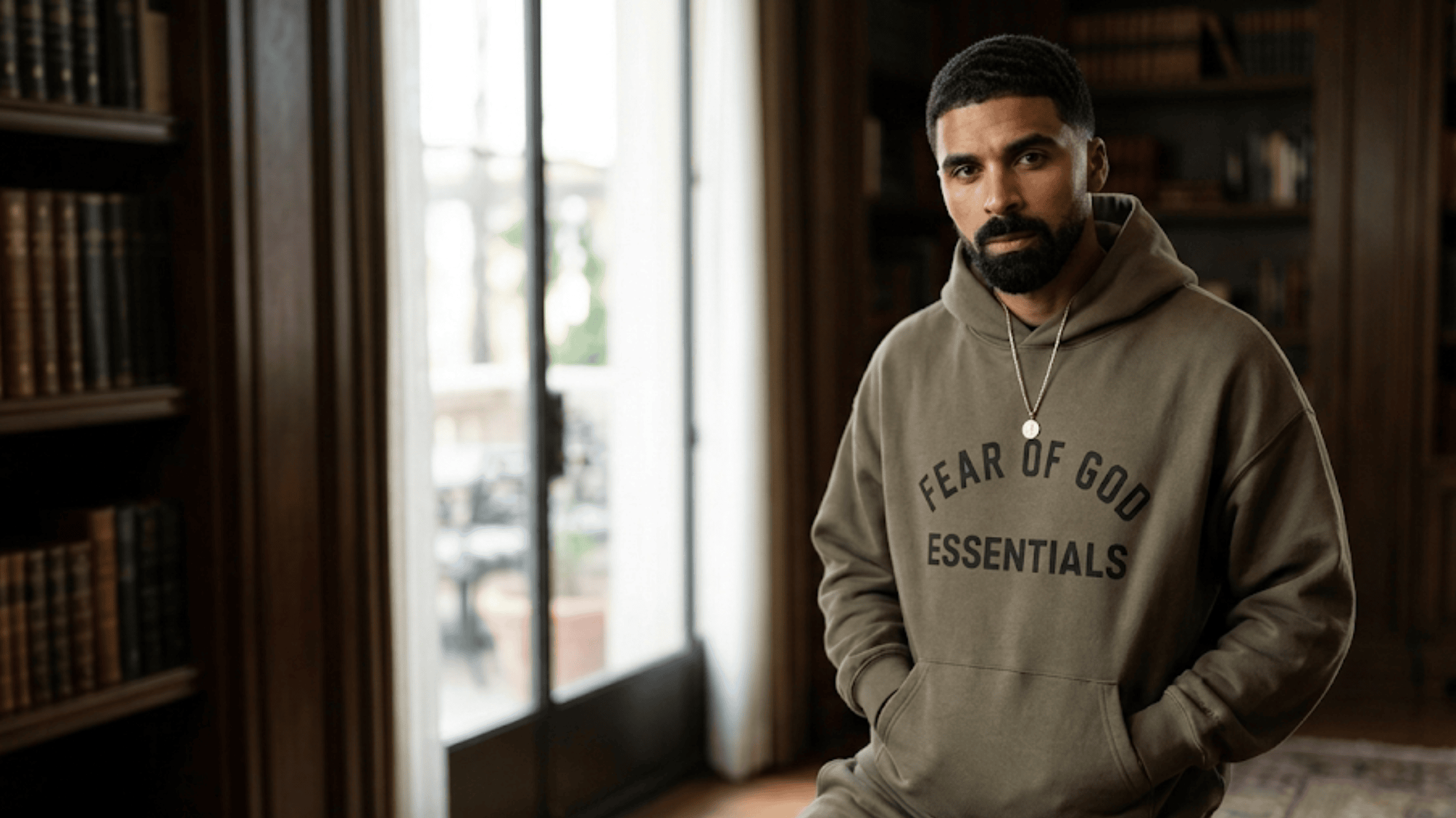 Isaiah Stiles Nemesis olive green oversized fleece pullover hoodie with dropped shoulders and minimalist design.