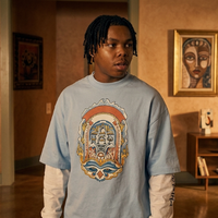 Nemesis S01 Cedric Joe double layer oversized T-shirt with Casablanca Paris graphic print in blue and white streetwear style
