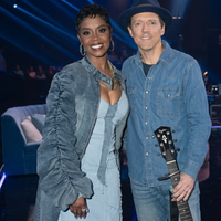 American Idol S24 Keyla Richardson denim trench coat with layered blue tones, ruched sleeves, mandarin collar, and gold-toned accessories fashion look