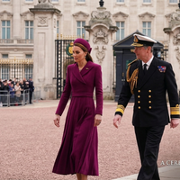 Princess Catherine of Wales wearing a regal purple coat dress at the 80th Anniversary VE Day Military Procession, showcasing elegant royal tailoring and timeless style.